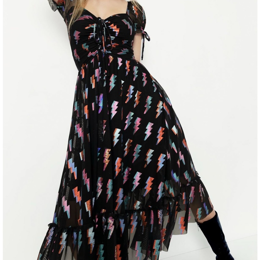 Blackmilk Ziggy Tea Party Off-Shoulder Black and Multi-Color Midi Dress - Picture 3 of 6